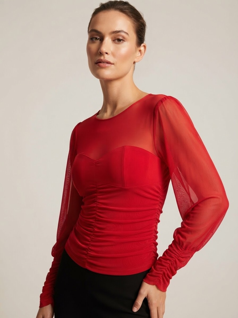 Painted Threads Red Mesh Long Sleeve Ruched Bustier Corset Style Top NWT Large